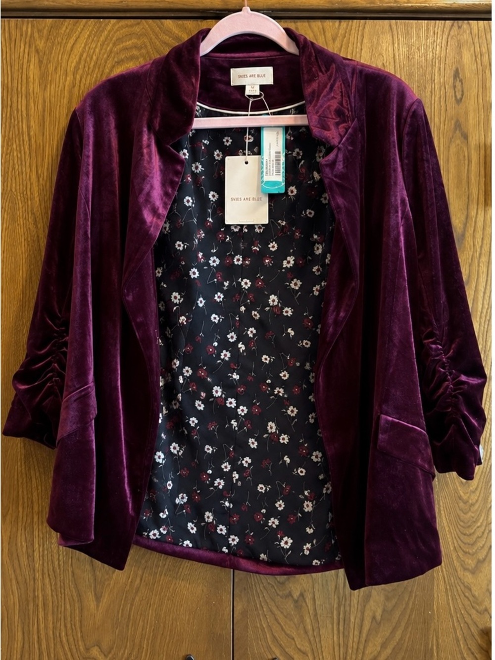NWT Skies Are Blue Everly Velvet Blazer Burgundy Floral Lined Ruched Sleeve M